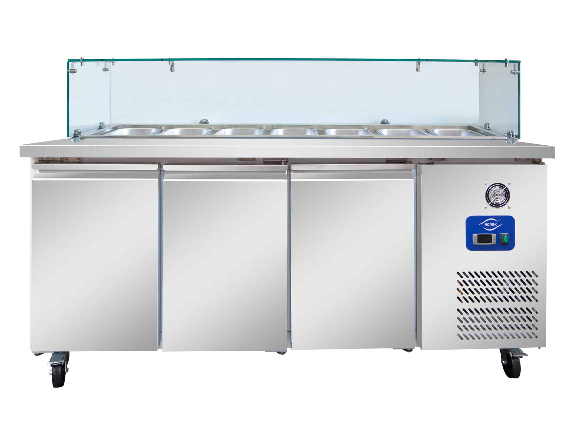 Norsk 3-door salad prep fridge with removable glass top